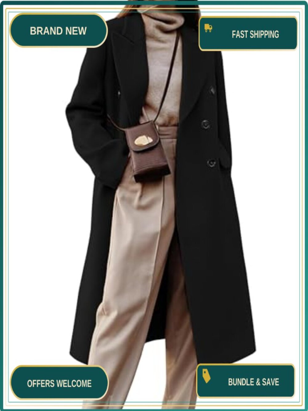Womens Long Wool Coat Double Breasted Trench Peacoat Notch Lapel